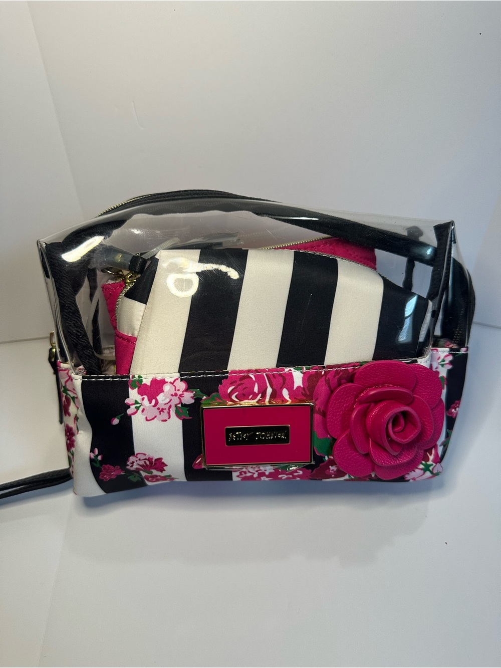 Betsey Johnson 3 Piece Travel Cosmetic Bag Set Pink Floral Black & White Stripe - Picture 2 of 10